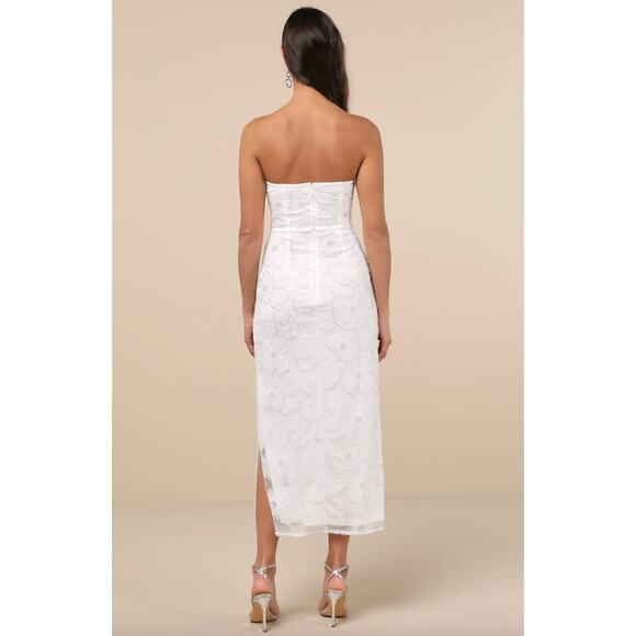 Lulus Loving Mentality White Tulle Beaded Strapless Midi Dress Cocktail XL NWT - Picture 4 of 12